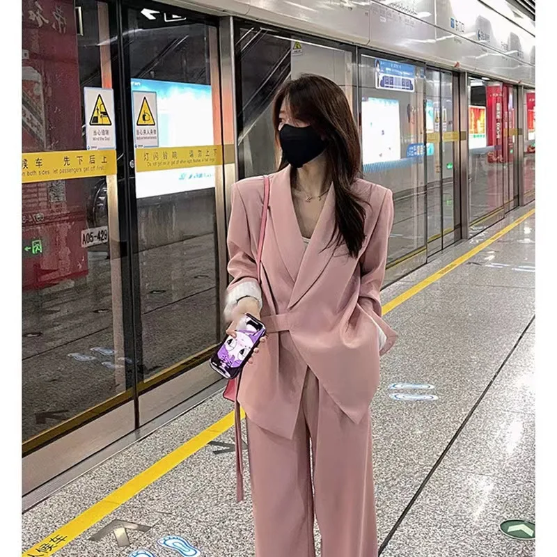 Office Lady Blazer Belt Pant Suits Women\'s Pantsuit Korean Version Notched Baggy Pants Autumn Elegant Euality Chic Women Outfit