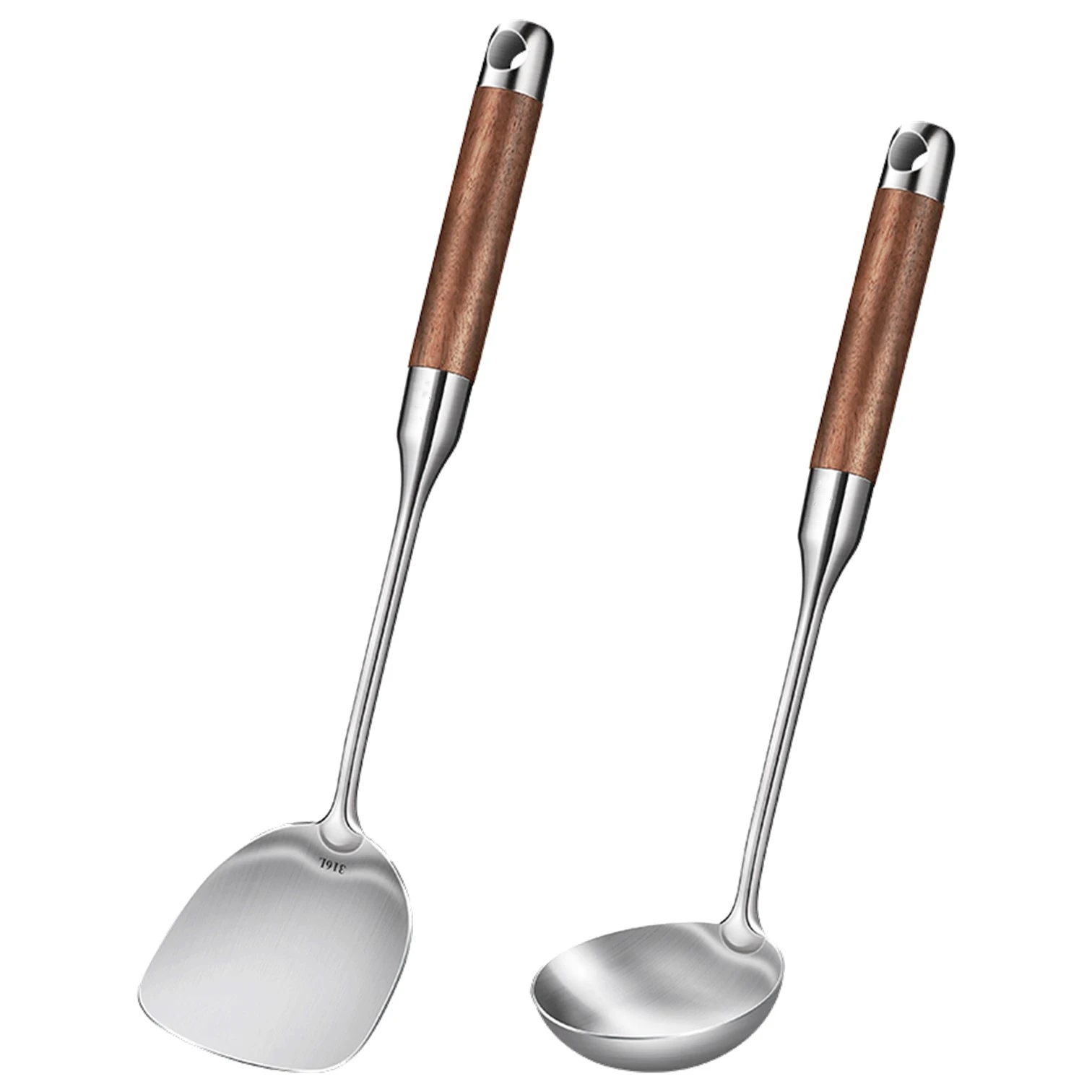 

LFGB Certificated 316L Stainless Steel Cookware 99.9% Anti-bacterial Spatula Ladle Walnut Wooden Handle Kitchen Cooking Tool