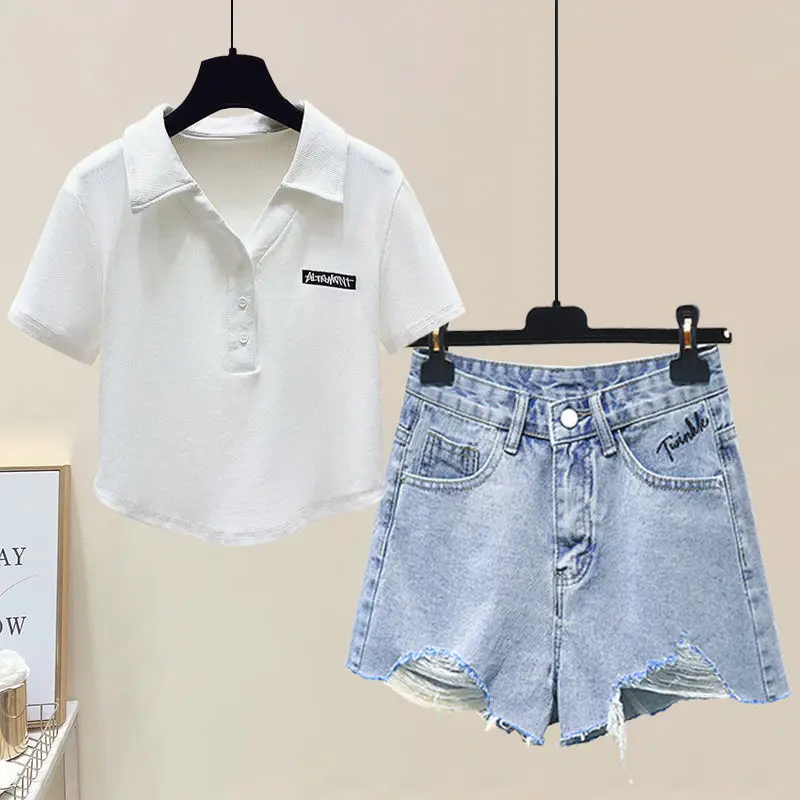 Set of Women's Summer New Age Reducing Polo Collar Short Top Paired with Perforated High Waisted Shorts Two-piece Set