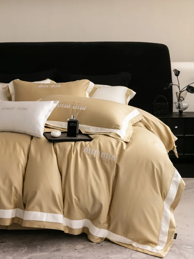 Hotel Style Luxury Bedding Set 100% Cotton Duvet Double Bed Full Set Khaki Mustard Yellow King Queen Size 4Pcs