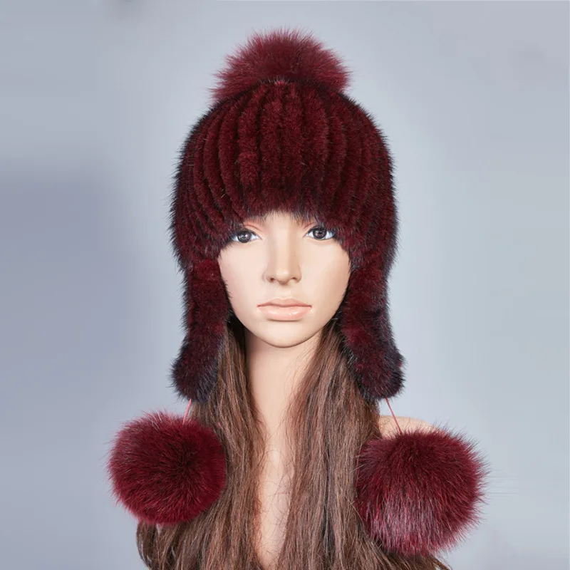 Mink Fur Hat For Women Winter Thickened Woven Ear Protector Caps Natural Mink Fur Hats With Fox Fur Balls Female Black Fur Caps