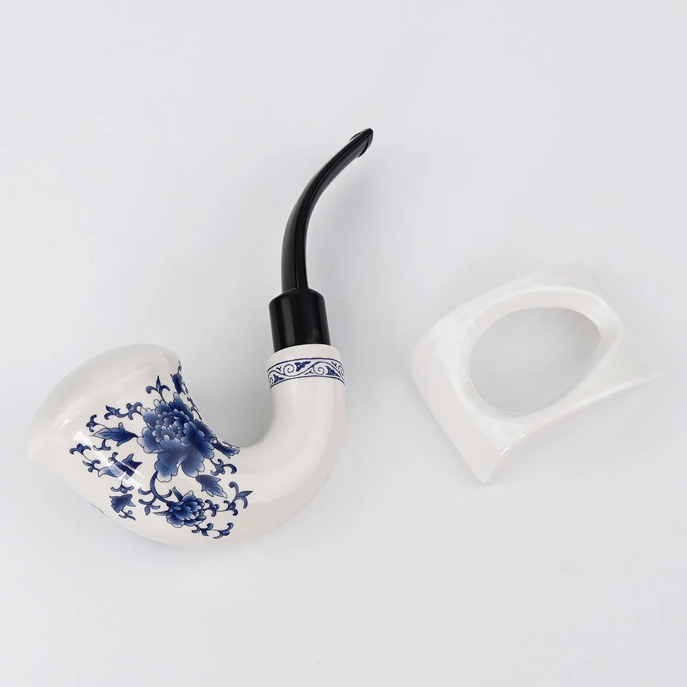 Chinese style ceramics Tobacco Pipe Calabash with Bent Acrlyic Stem Mouthpiece 9 mm Paper Filters Pipe Stand Rack Set blue+white