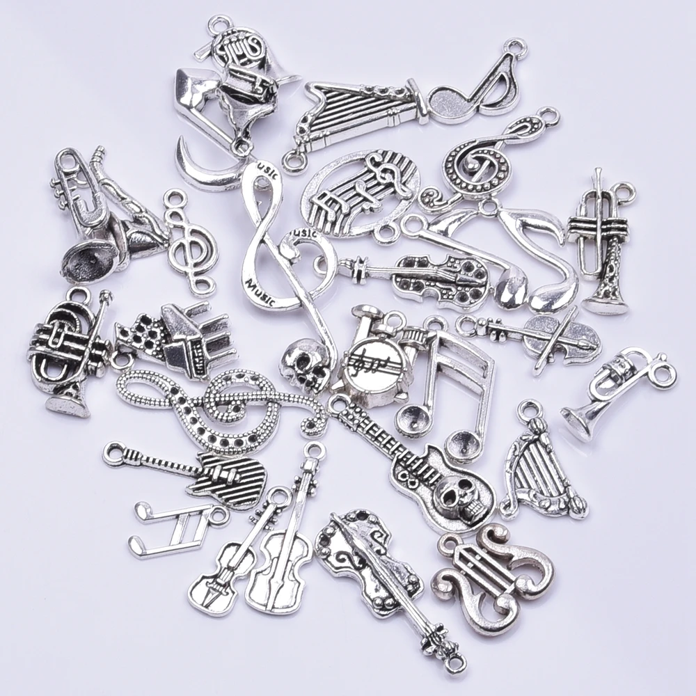 Silver Color Music Note Musical Instrument Mix Charm Bulk DIY Jewelry Making Supplies Guitar Pendant Handmade Materials Findings