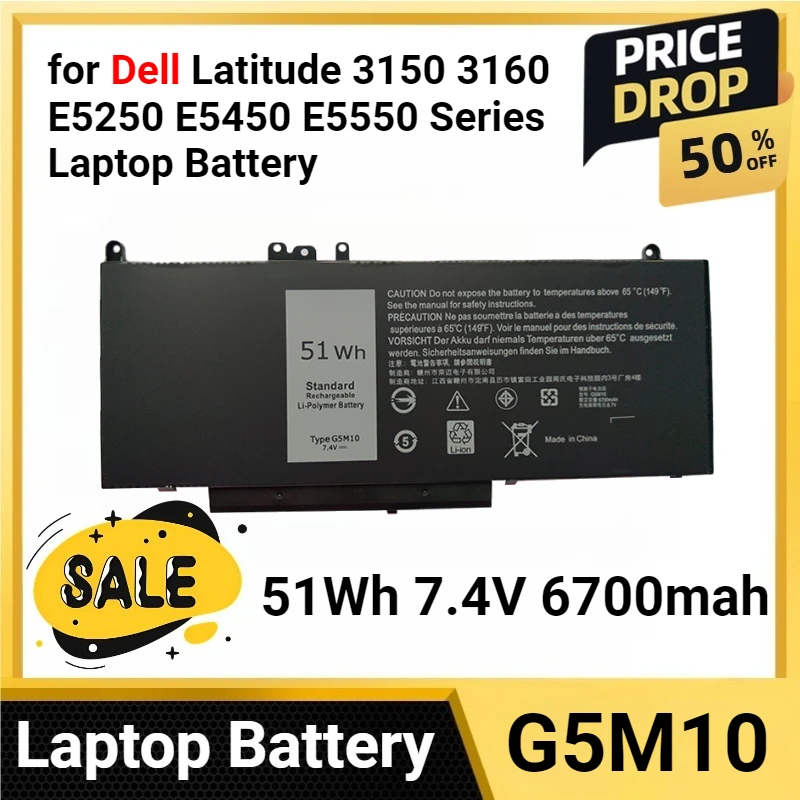 

51Wh 7.4V 6700mah G5M10 for Dell Latitude 3150 3160 E5250 E5450 E5550 Series Laptop Battery WYJC2 1KY05 451-BBLN 451-BBLL