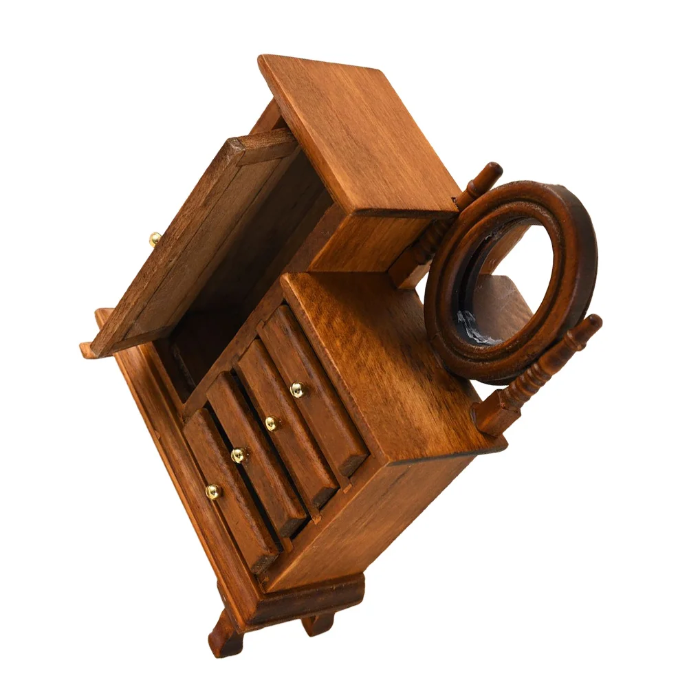 

1:12 Miniature Dollhouse Furniture Wooden Dressing Table with Mirror Bedside Nightstand for Bedroom Scene Setup
