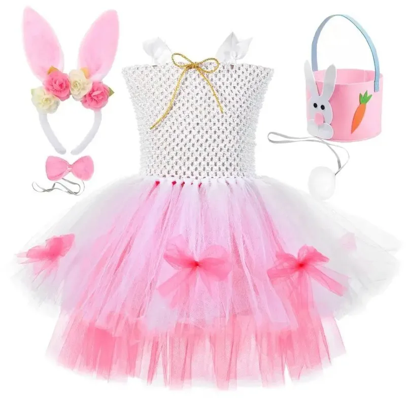 Girls Easter Bunny Tutu Dress, Kids Cute Cartoon Themed Holiday Outfit, Pink White Bunny Girls Performance Clothes, Floral Style