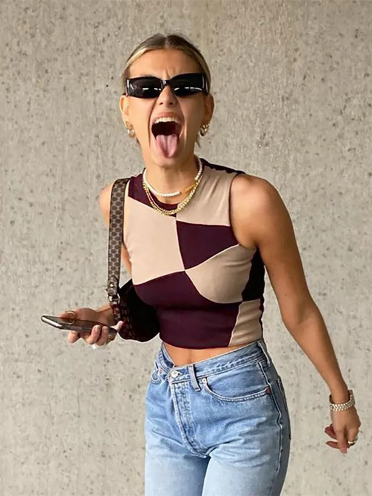 Color Blocking Summer T Shirt For Women Fashion Tops Sleeveless Woman Tshirts O-neck Casual Streetwear Y2k Aesthetic Clothes