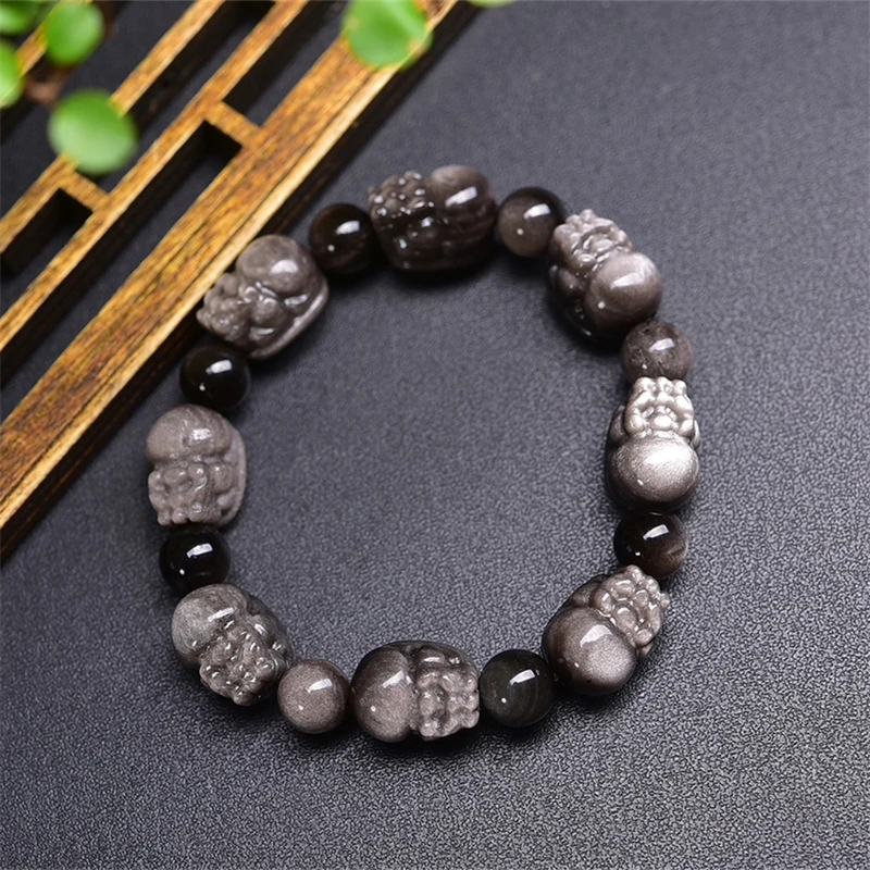 Natural Silver Obsidian Pixiu Bracelet Gemstone Crystal Healing Gemstone Fashion Bracelet Jewelry Gift 1PCS 10X15MM