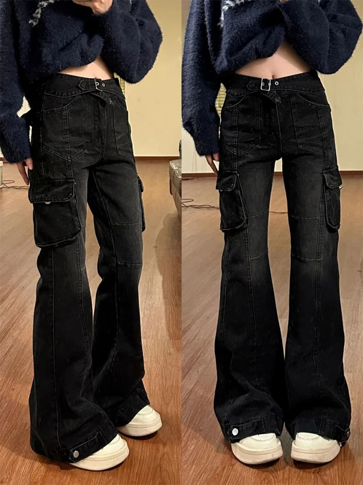 HOUZHOU High Street Lady Black Flare Jeans Slim Bell Bottoms Gyaru Fashion Denim Hose Mehrere Taschen 2000er Jahre American Retro