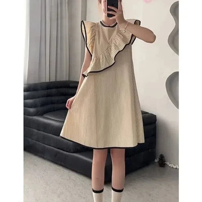 

Flying Sleeves Stripe Japanese Sweet Lolita Summer 2024 Patch O-Neck Ruffles Fashion Solid Color Loose Casual Sleeveless Dresses