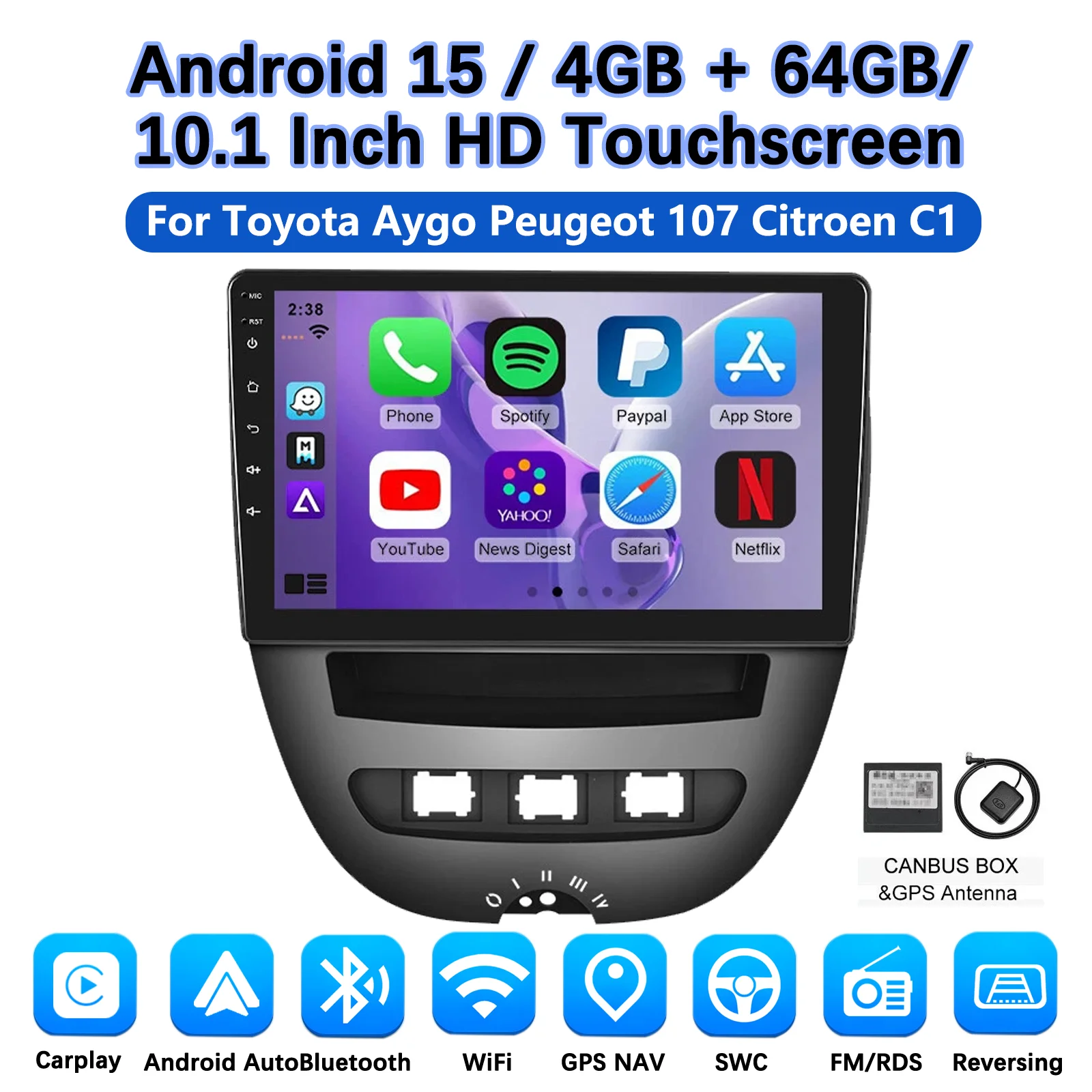 MOPECT 10'' Draadloze CarPlay Autoradio voor Toyota Aygo 2004-2014/PEUGEOT 107/Citroen C1 Android GPS Autoradio FM AM BT DAB+ DVR
