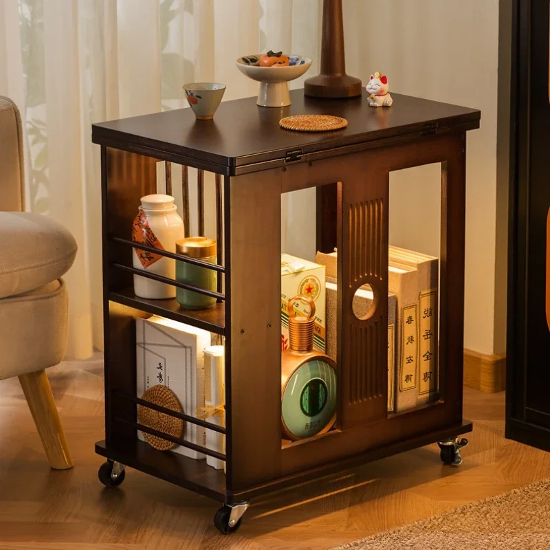 Multi-functional Movable coffee table small apartment folding living room household antique solid wood edge sofa side cabinet