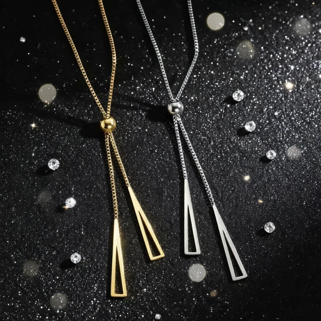 1pc Triangle Pendant Y-Shaped Tassel Necklace Stainless Steel Elegant Two-Choice Box Chain Vintage Adjustable Length Chain Detai