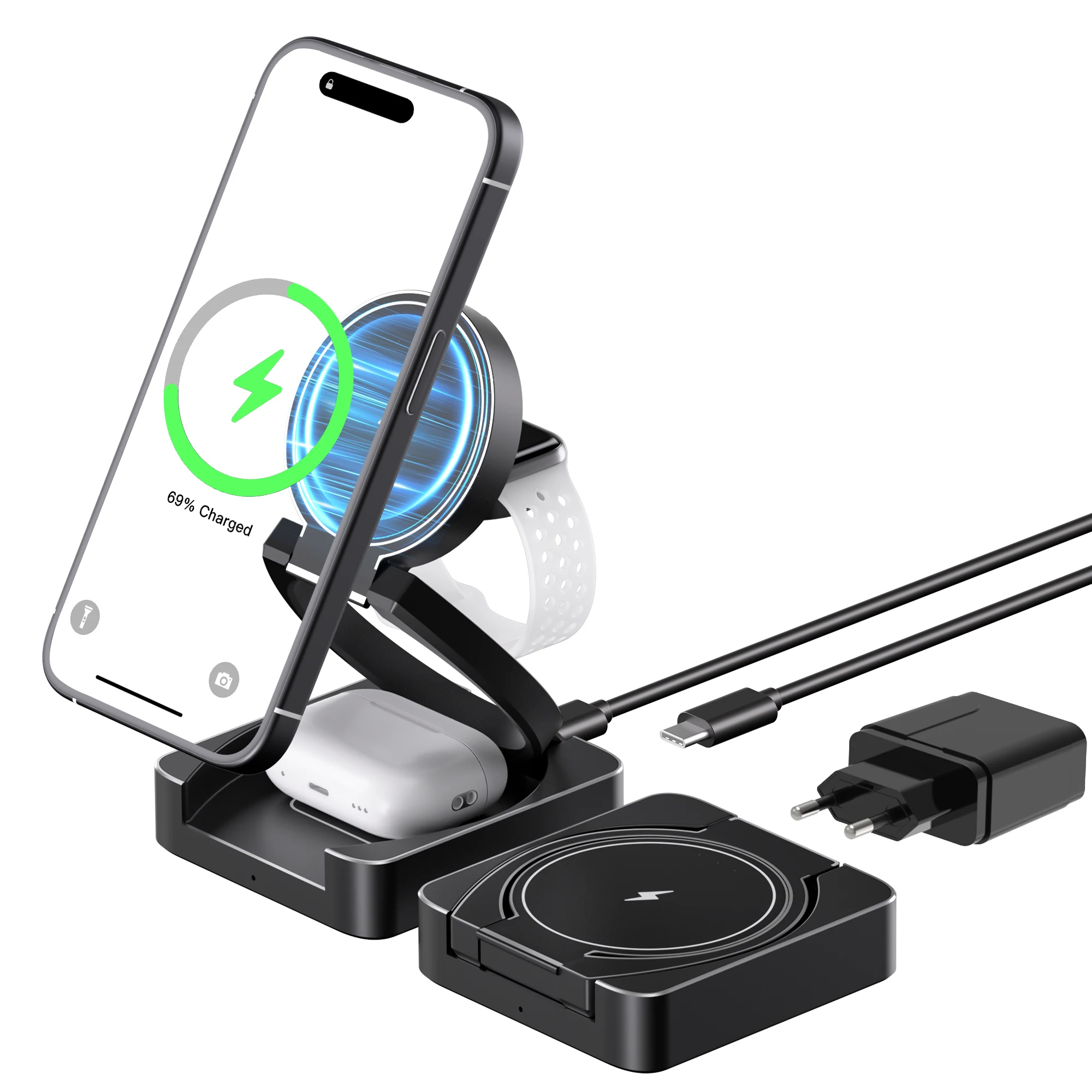 

Qi2 15W Magnetic 3 in 1 Wireless Charger Fold Portable Dock for apple iphone 12 13 14 15 16 Station base Earbuds Watch Holder