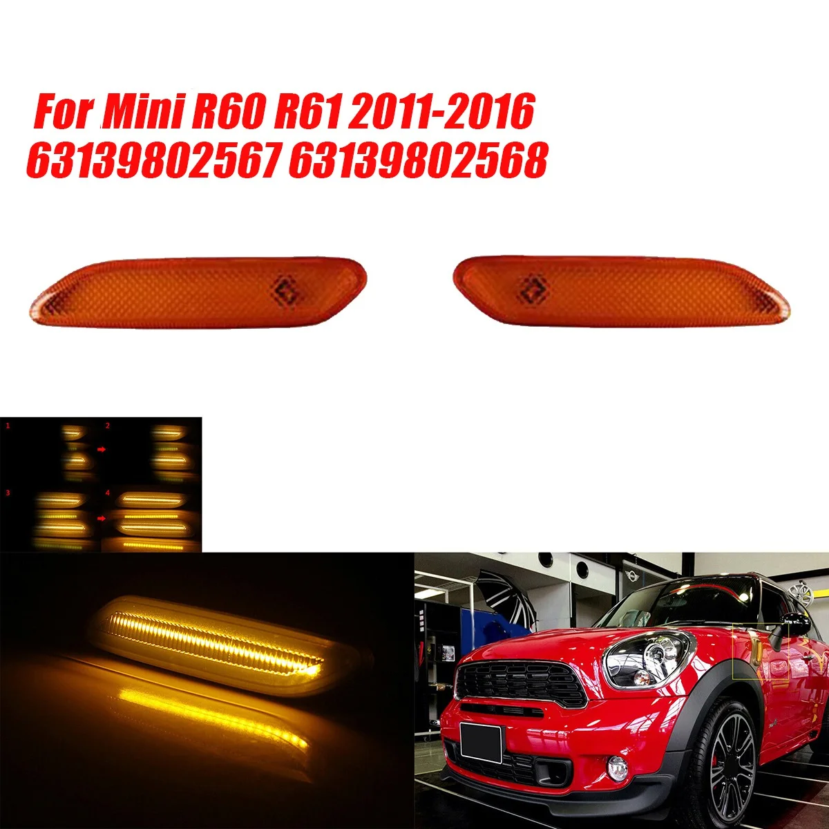 1Pair Car Side Fender Turn Signal Lamps Dynamic LED Indicator Light for Mini R60 R61 2011-2016 63139802567 63139802568