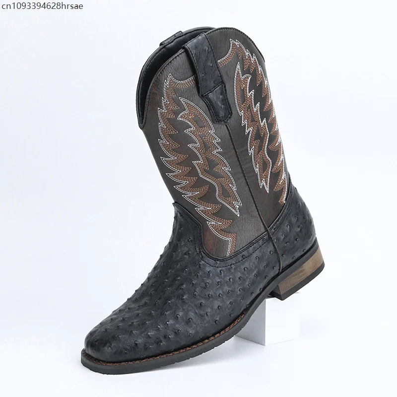 Slip-On Western Cowboy Square Toe Męskie buty Casualowe buty motocyklowe na niskim obcasie z haftem Botas do połowy łydki z blokami kolorów
