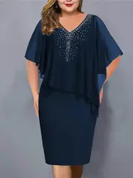 Glamorous Plus Size Rhinestone Dress - Sparkling V Neckline, Dramatic Irregular Sleeves - Premium Fashion for Confident Women