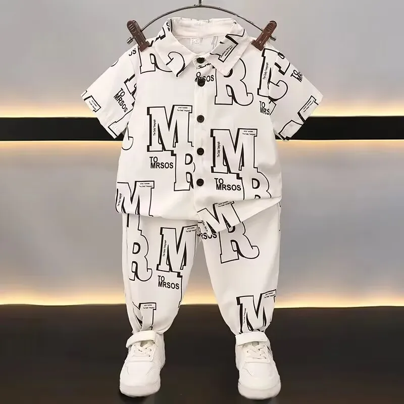 Children Clothing Summer New Handsome Boys Casual Short Sleeve Fashion Printed Spliced Pocket Lapel Shirt Sets Two Pieces