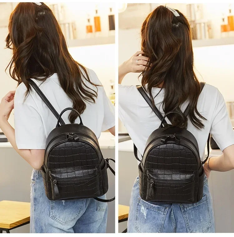 Fashion Crocodile Women Backpack Small Brand Design Schoolbags for Girls Daypack Bagpack PU Leather Female Travel Bags Black