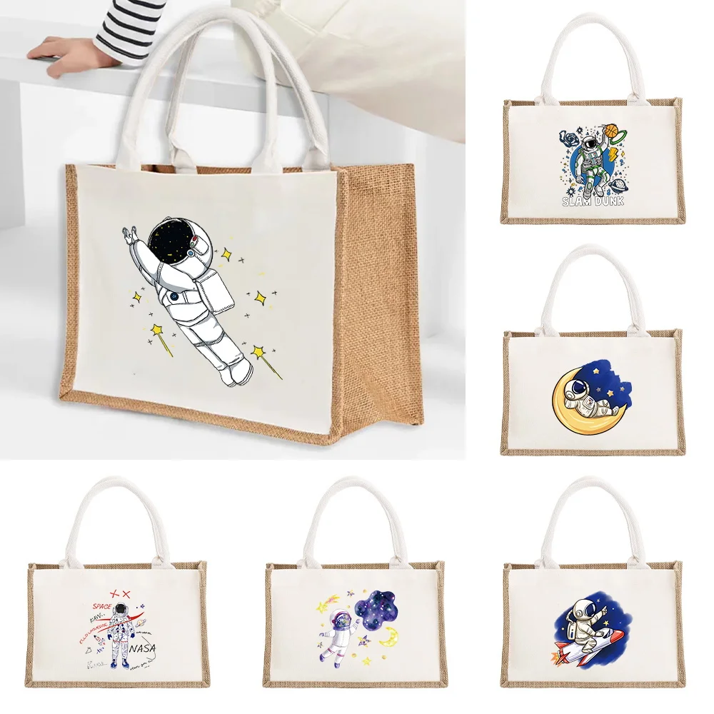 

Tote Bag Environmental Jute Shopping Bag Portable Large Capacity Beach Bag Lightweight Grocery Storage Bags Astronaut Pattern