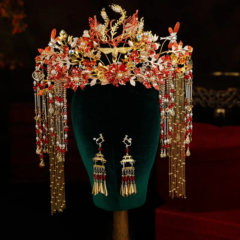 

Xiuhe Headdress Spring and Summer New Chinese Red Tassel Crown and Gown Ming Wedding Xiuhe Suit Hair Accessories