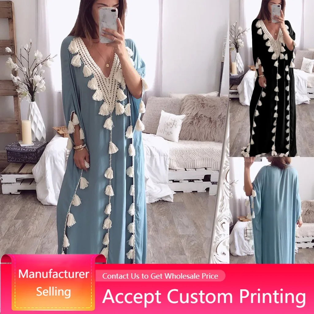 

Middle Eastern Dress Casual Long Loose Plus Robe V-Neck Fringe Women Clothes Abaya Dubai Kaftan Dress Muslim Evening Dress