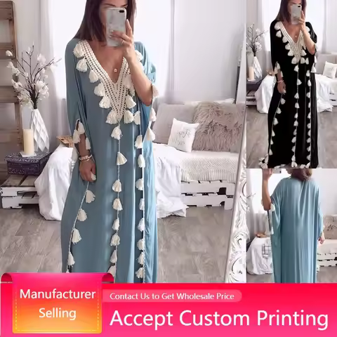 Middle Eastern Dress Casual Long Loose Plus Robe V-Neck Fringe Women Clothes Abaya Dubai Kaftan Dress Muslim Evening Dress