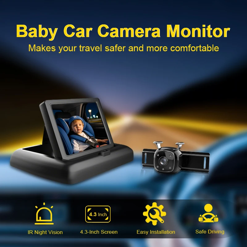 Portable Car Baby Monitor 4.3-inch HD Display Infant Safety Seat Baby Car Mirror Night View