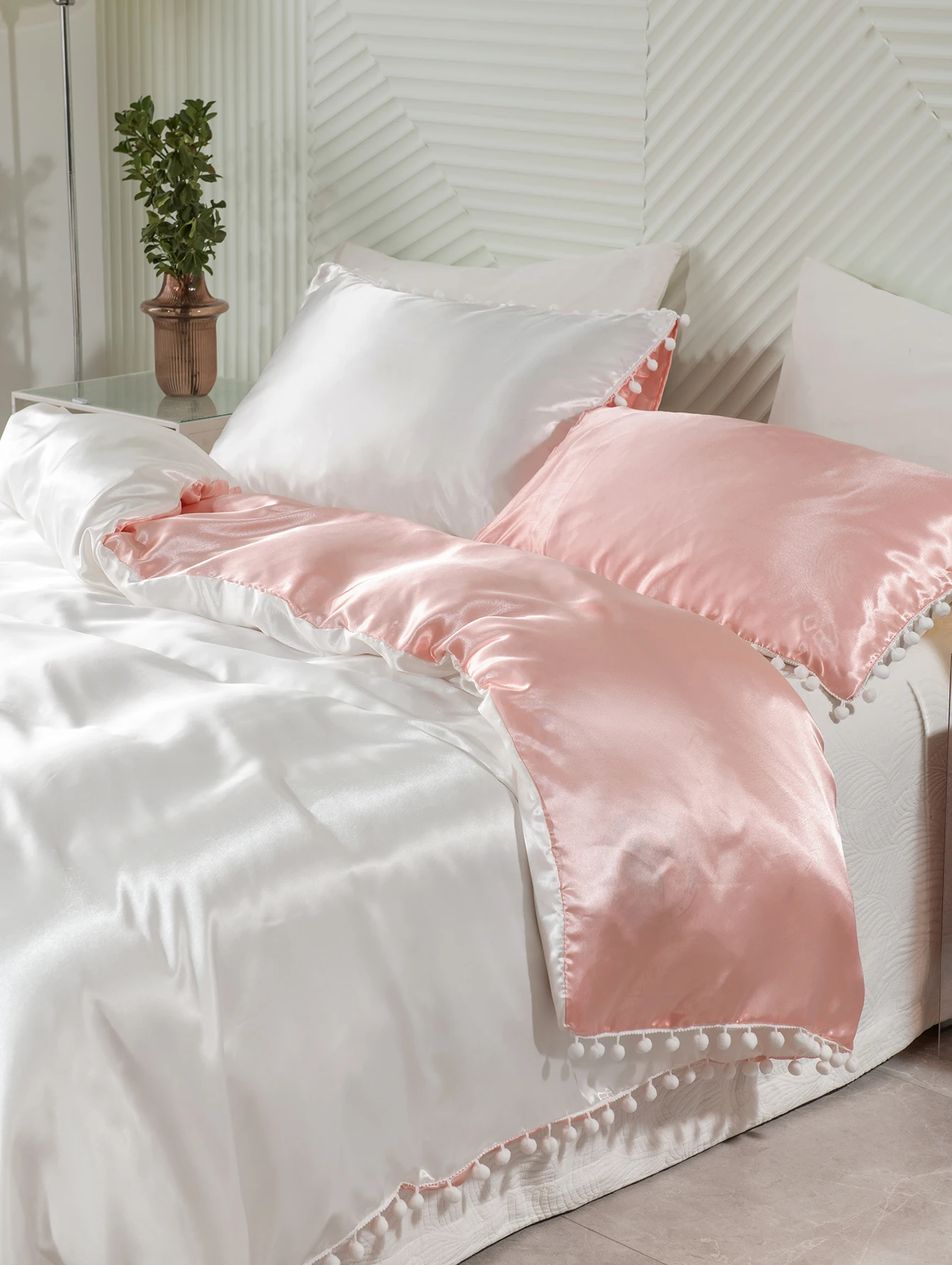 Pink White Satin Duvet Cover Set Cute White Ball Fringe Bedding Set Pink Khaki Reversible Quilt Cover Set  Silk Satin Bed Cover