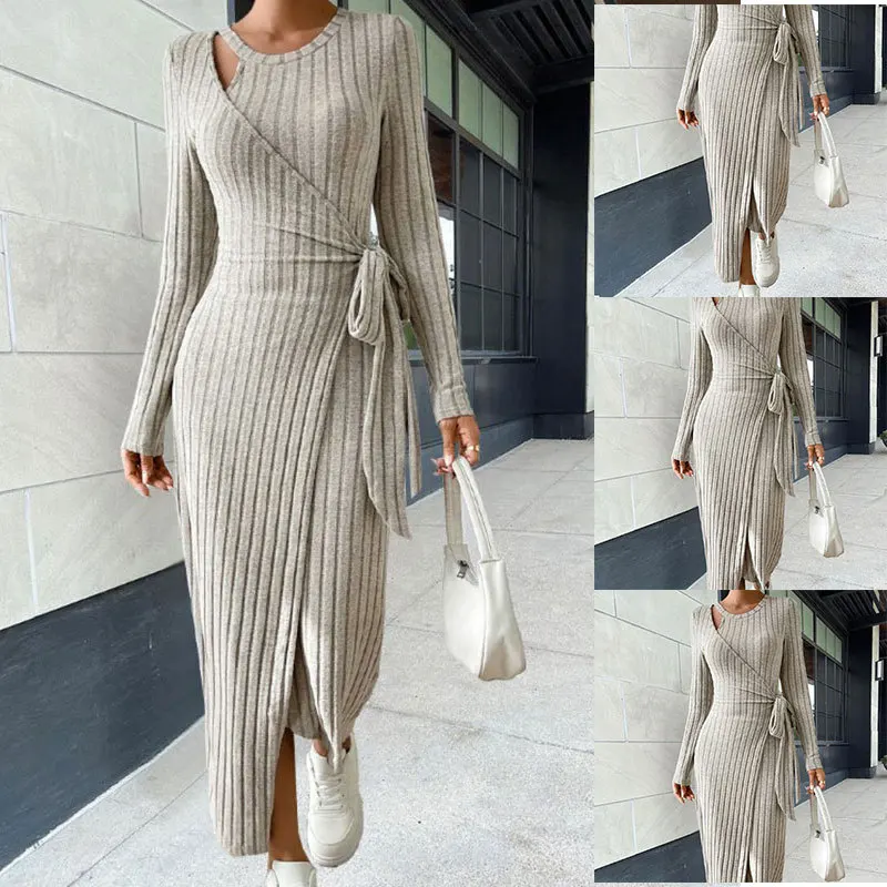 New Autumn/Winter Women\'s Fashion and Elegant Commuting Round Neck Solid Long Sleeve Lace up Waist Knitted Dress