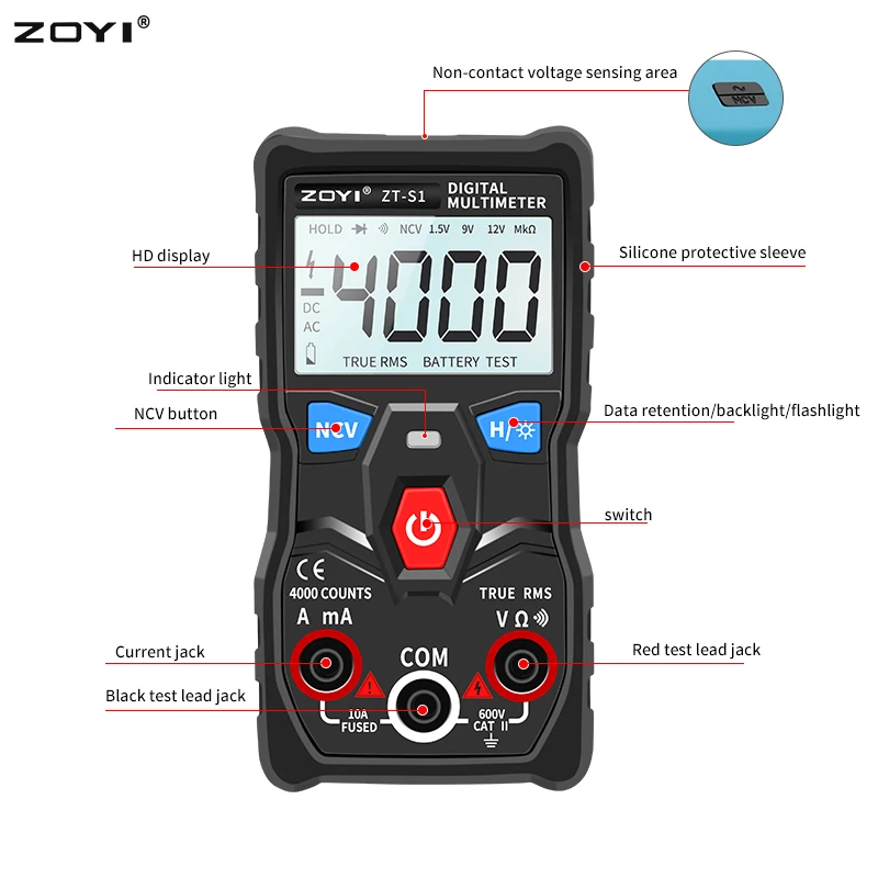 Imagem -03 - Zoyi-testador de Multímetro Digital s1 True Rms Autoranging com Ncv Retroiluminação Lcd Lanterna Como Rm403b