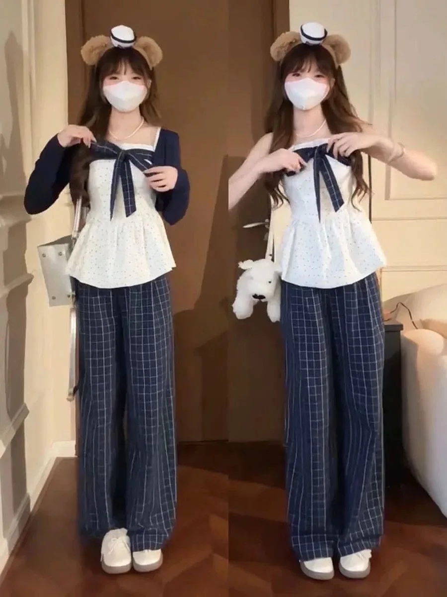 

Sweet Girl Style Long Sleeve Open Cardigan Knot Strap Top Wide Leg Pants Three Piece Set Autumn Collection Fashiona...