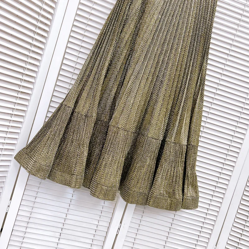 French Elegant High-End Bling Pleated Skirts Elastic High Waist A-Line Versatile Casual Temperament Long Skirt Women Summer 2025