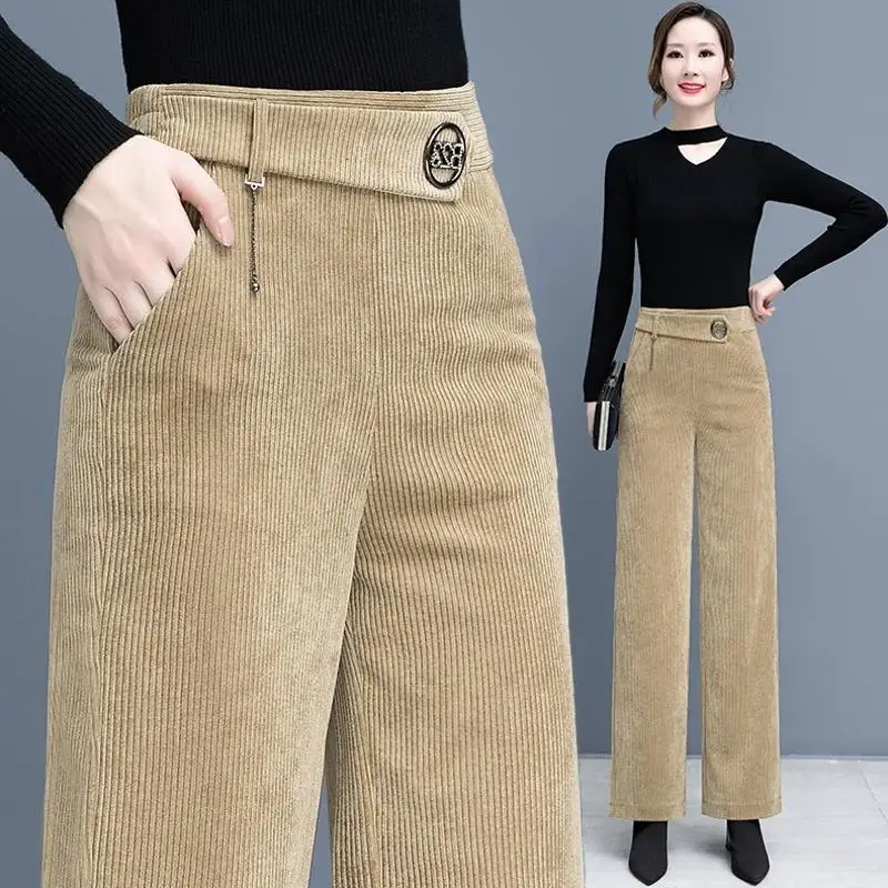 Jesienno-zimowa sztruksowa moda luźna szeroka nogawka spodnie wysokiej talii gumką koreańskie kobiety zagęścić dorywczo Khaki proste spodnie