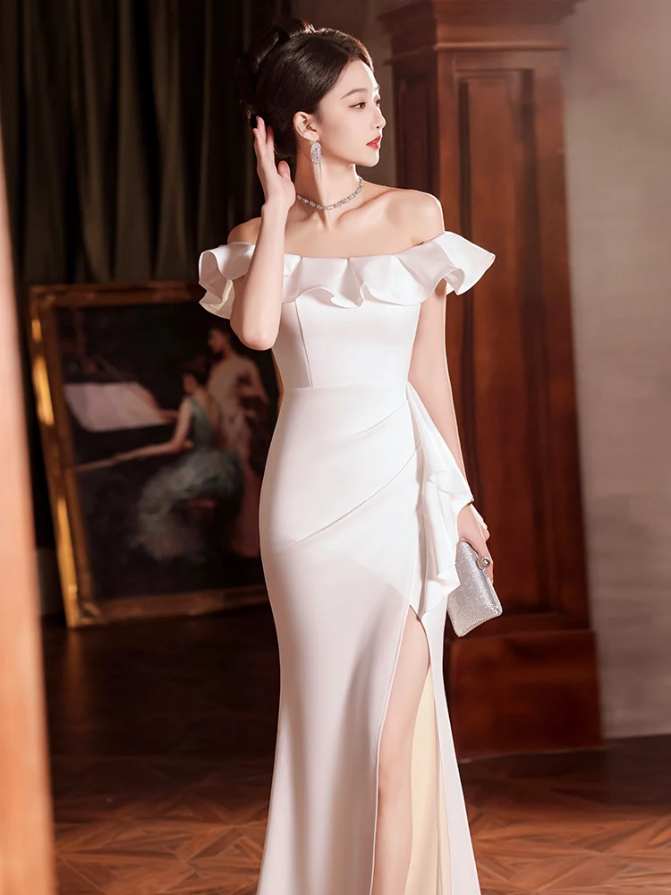 

Ele White One-oulder Fi-Tail Evening Gown for Women Wedding Celebration Ball Host High-End Luxury with Puffy Sves