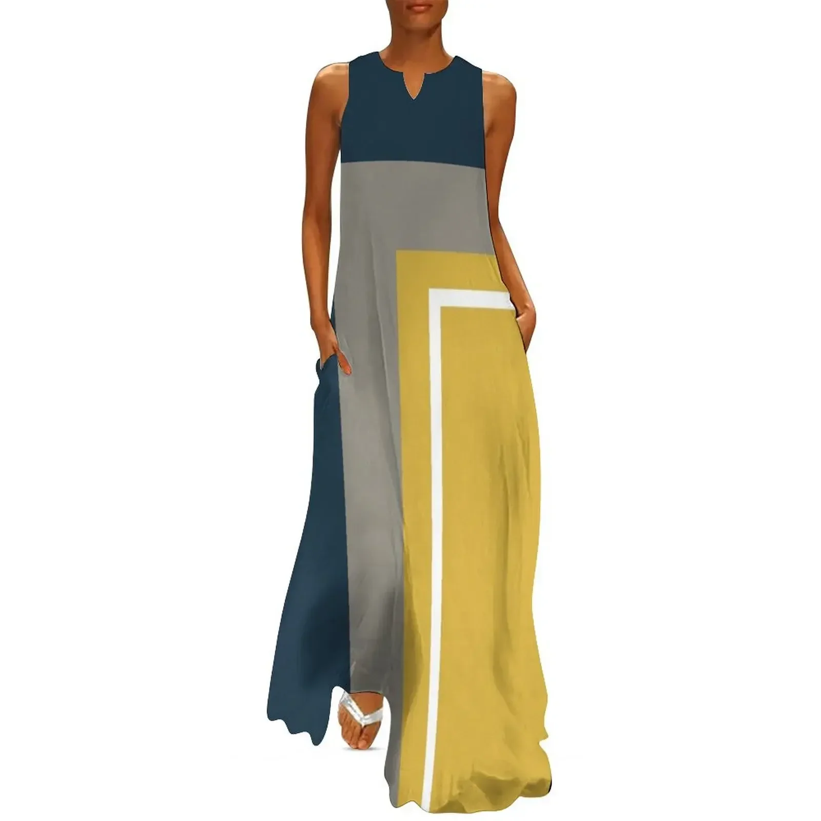 

Half Frame Minimalist Geometric Pattern 3 in Mustard Yellow, Navy Blue, White, and Grey Long Dress dresses korean style Dress