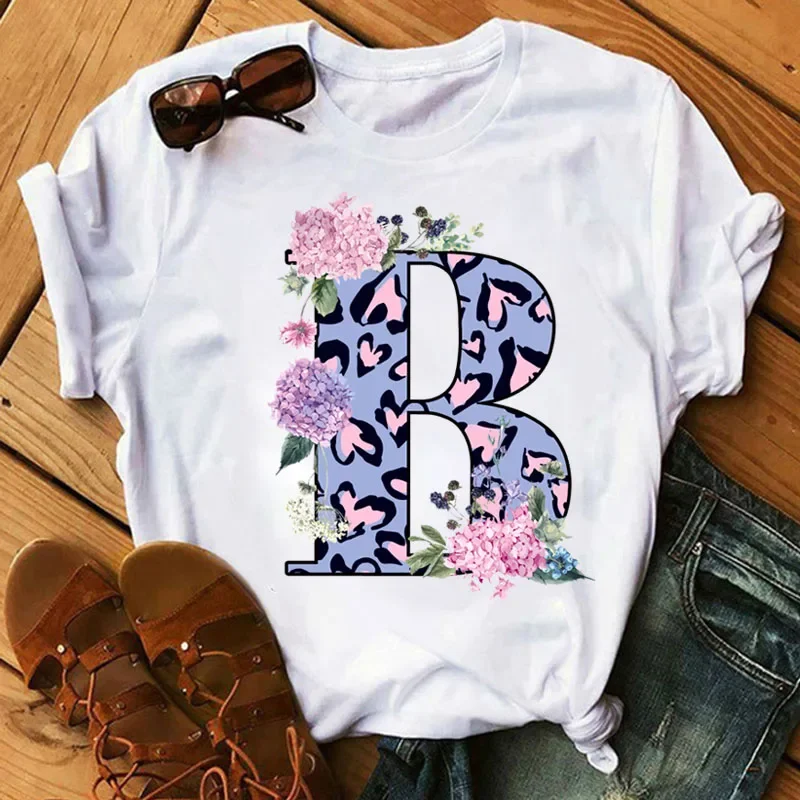 Women T Shirt Pink Flower Leopard Letter Font A B C D E F G Short Sleeve Tops Letter Combination Fashion Black Tops