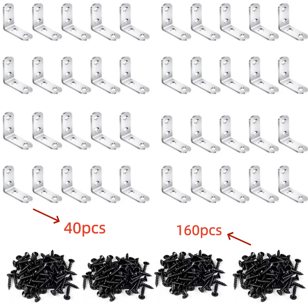 40PCS Stainless Steel L Brackets with 160 Screws,90° Right Angle Corner Braces,Heavy Duty Shelf Supports for Wood Furniture