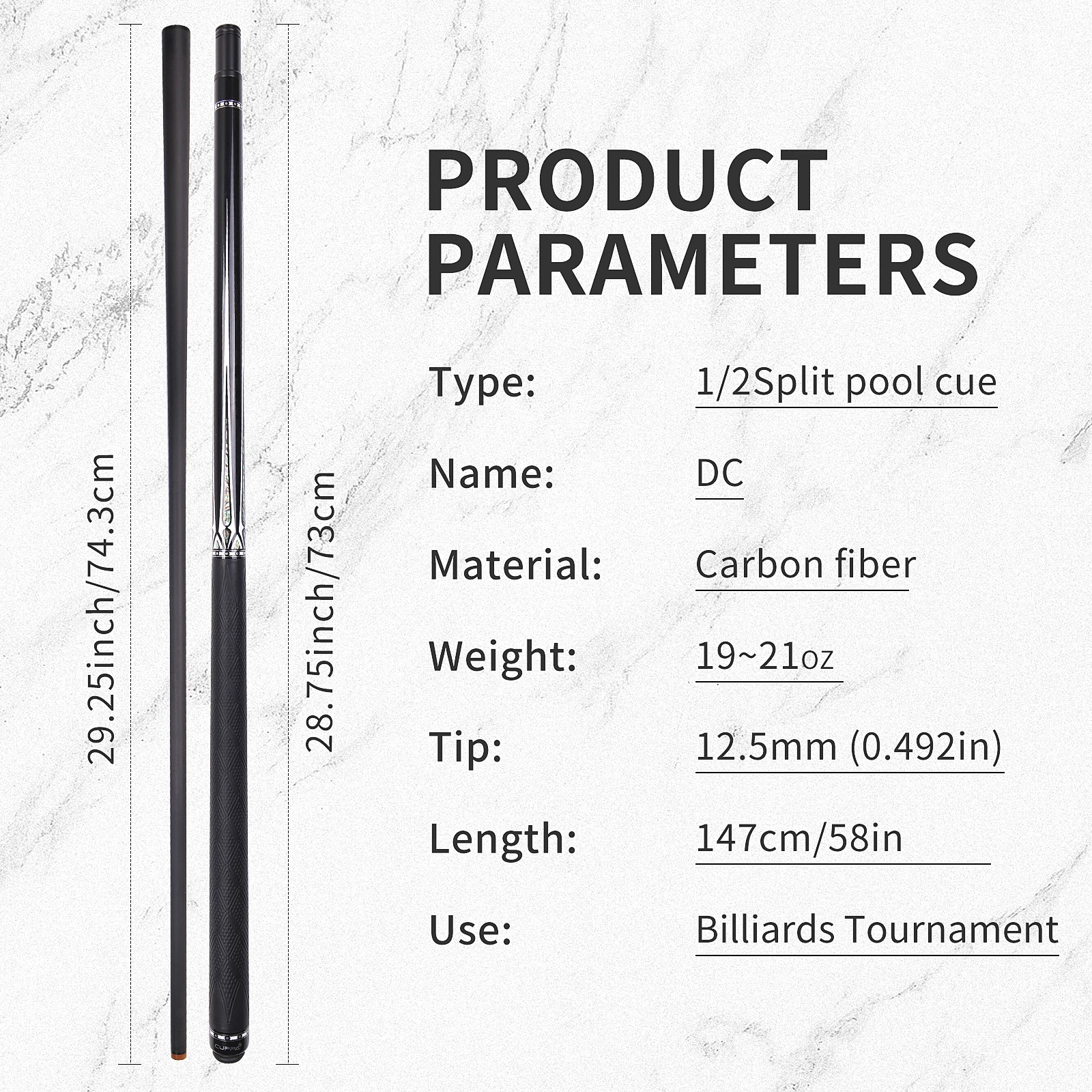 CUPPA 58-inch Professional Inlay Pool Cue 58-inch Carbon Fiber
