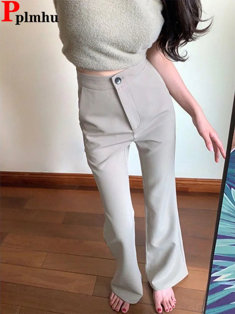 

Grey Elegant High Waist Flare Suit Pants Office Lifts Hip Casual Slim Trousers Korea Pantalones Women Basic Fashion New Spodnie