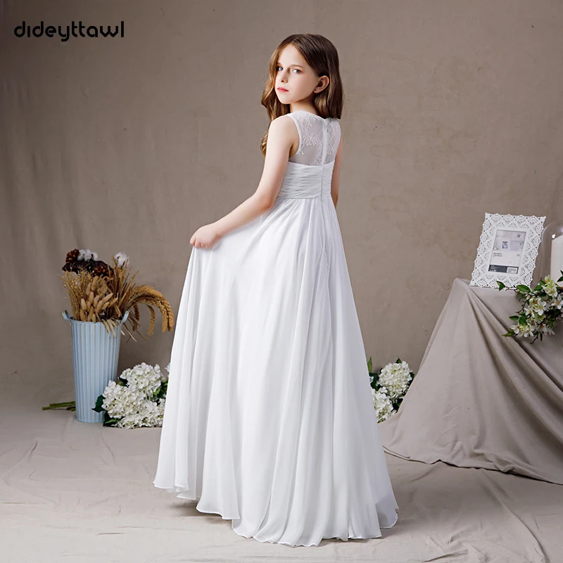 Dideyttawl Customized Lace Pleated Chiffon Dress For Girl Sleeveless First Communion Gown A Line Floor Length Junior Bridesmaid