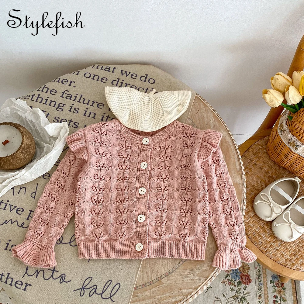 

Autumn Network Red Versatile Cotton Yarn Baby Girl Fashion Flying Sleeve Hollow Round Neck Knitted Cardigan Coat