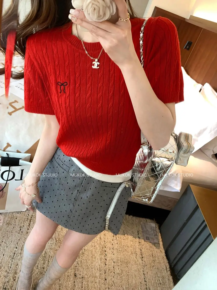 2024 Summer New Round Neck Short Sleeve Retro Twist Bow Knit Sweater Women\'s College Style Versatile Top