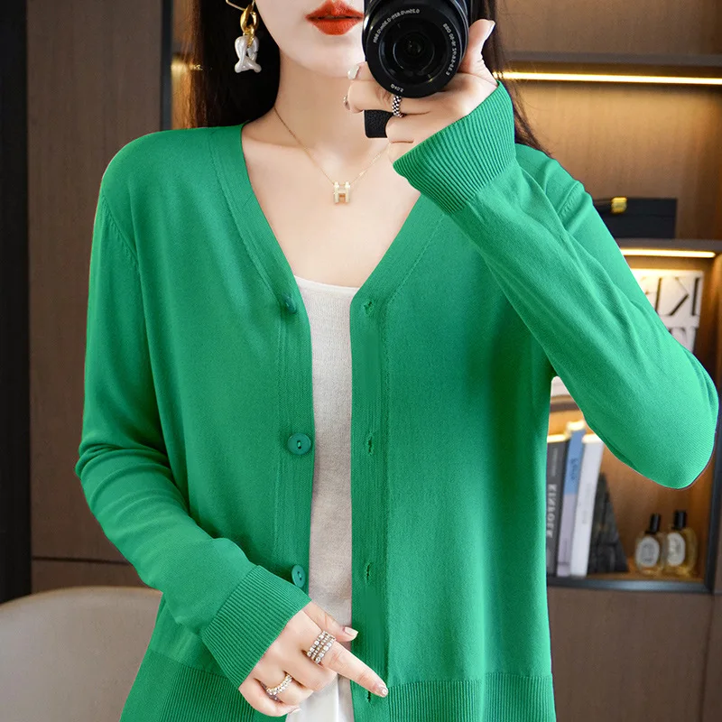 Summer 2023 New Korean Version Thin Solid V-Neck Ice Silk Knitted Long Sleeve Sunscreen Cardigan Fashion V-Neck Top for Women