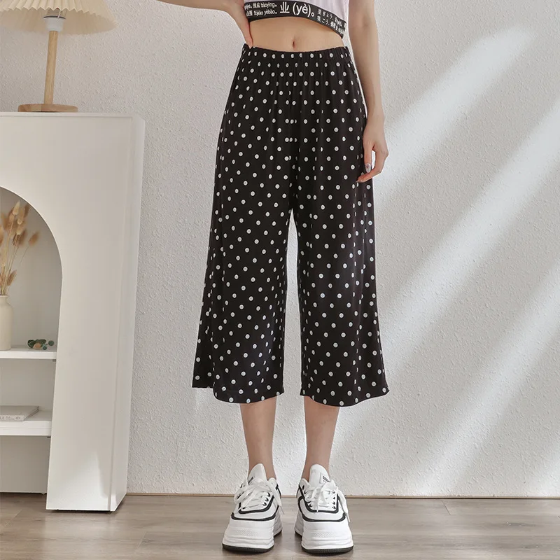 Zomer Casual Dames Losse Broek Dot Print Cropped Wijde Pijpen Grote Maat All-Match Broek Comfortabele Modale Thuisbroek