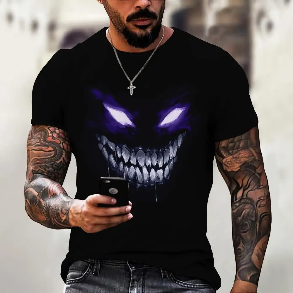 T-shirt gráfica do diabo masculina, manga curta, t-shirt solta, tops grandes, streetwear casual, roupa de verão, novo