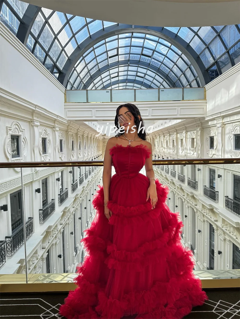 ที่กําหนดเอง Retro สไตล์จีน Tulle จีบ Ruched ชั้น A-Line ชุดราตรียาว Bespoke โอกาสชุดแฟชั่น Pastrol