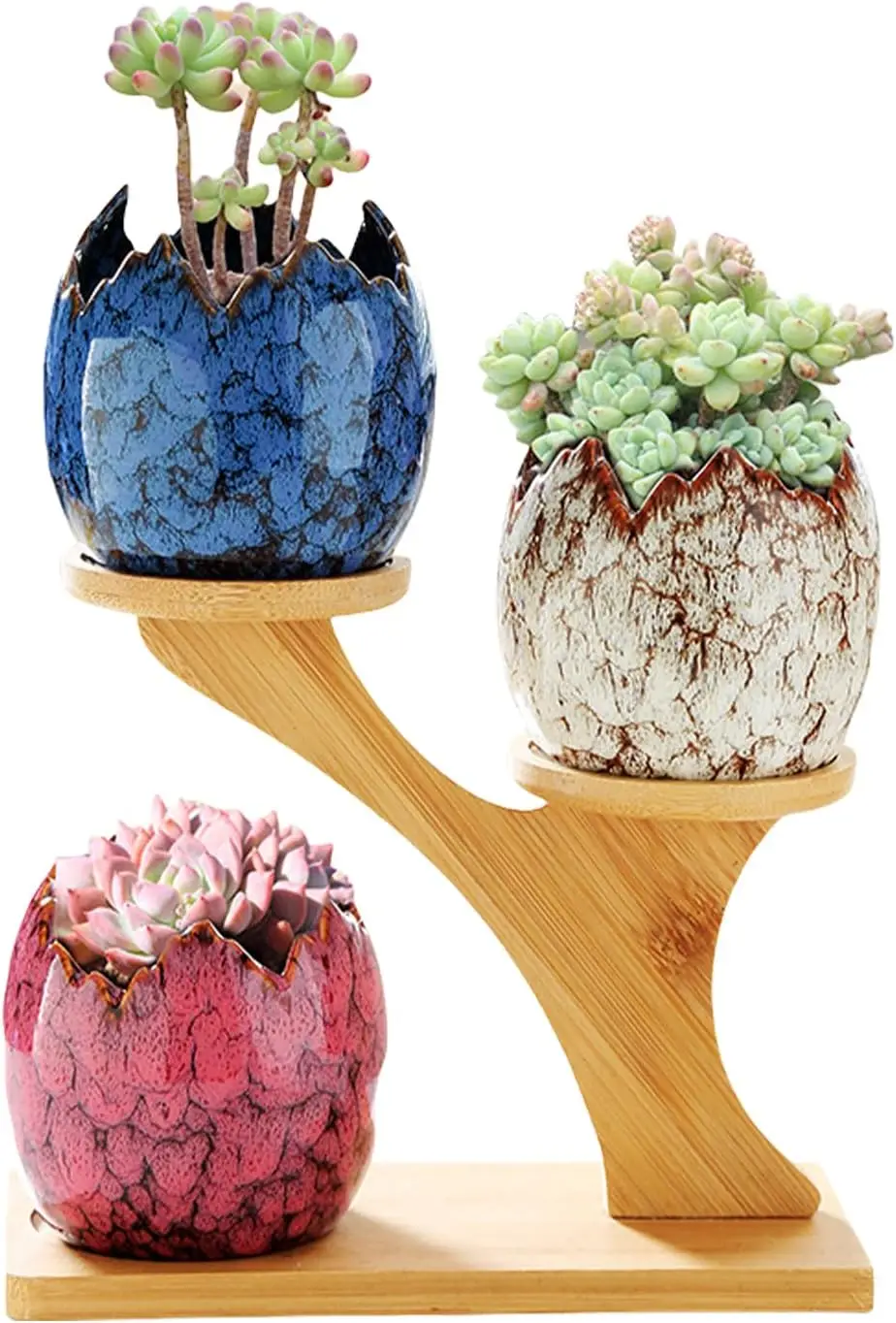 3Pcs Succulent Planter Indoor Ceramic Decoration Cactus Small Flower Pot with Tree Tier Bamboo Stand for Garden Home Decor