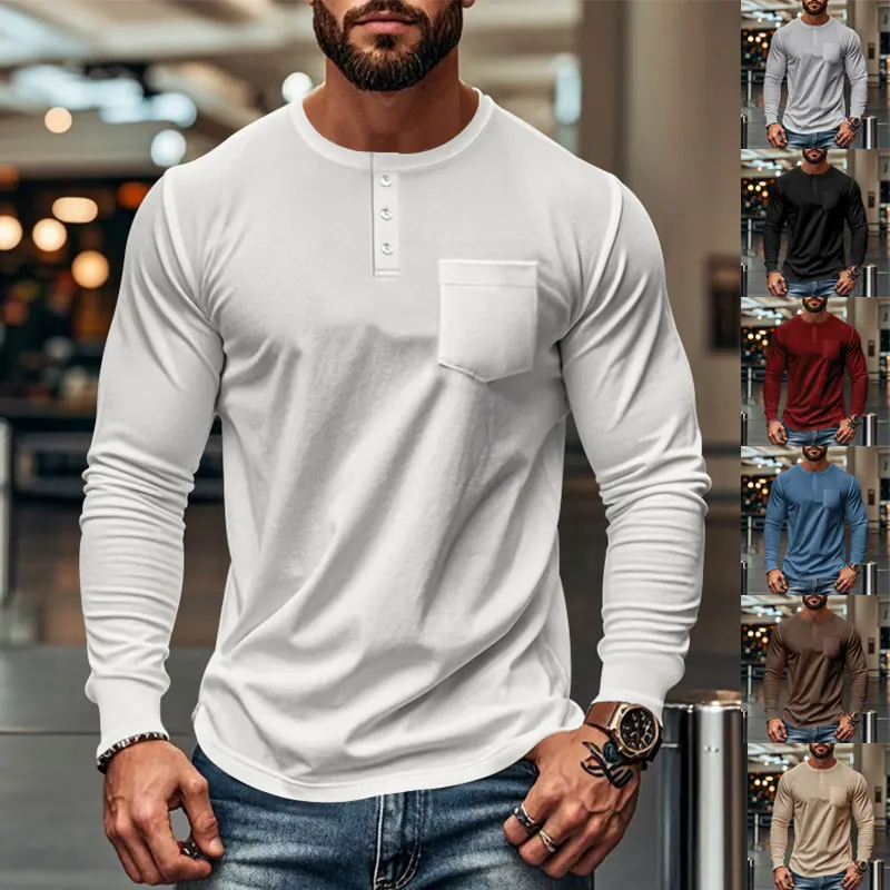 

European and American Style Round Neck Long Sleeve T-shirt Men's Spring Autumn Slim Fit Leisure Button Henley