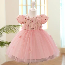 Flower Girls Wedding Party Dress Toddler Girl Pink Tulle Princess Dresses Baby Fluffy 1st Birthday Fashion Clothes New Costumes